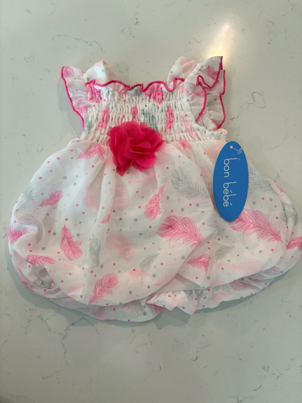 Bon Bébé Baby Girl Feather Print Bubble Romper NWT 0-3M